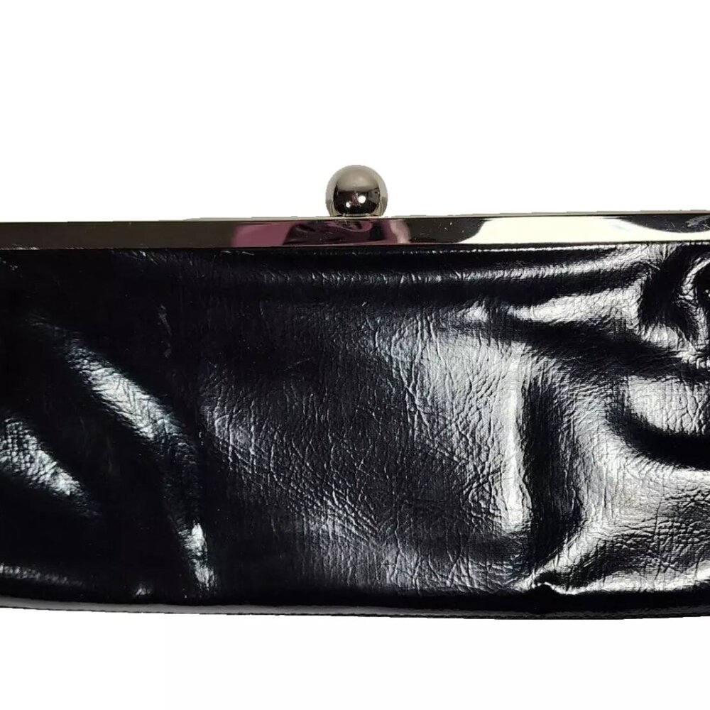 Style & Co Black Faux Patent Magnetic Fold Over Clutch Purse Kiss Lock Retro